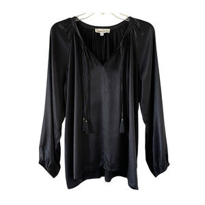 JOHNNY WAS CALME Size Medium Black Satin Double Tassel Long Sleeve Pullover Top